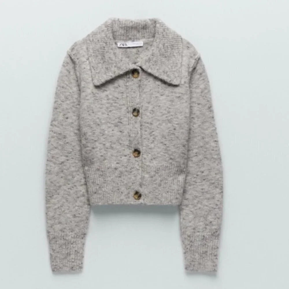 Zara Wool Blend Button Collar  Knit Cardigan Heather Grey Size Medium
